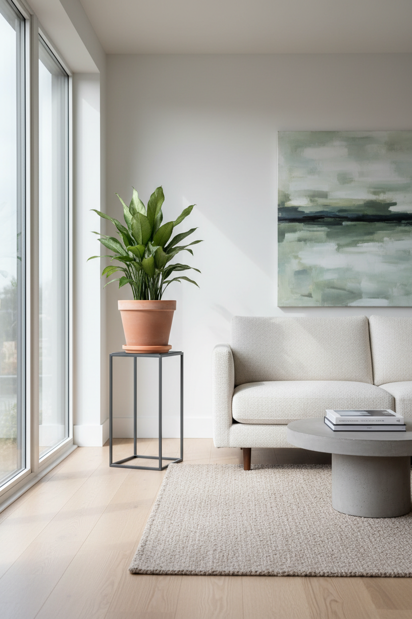 Plant stand in modern living room with potted plant