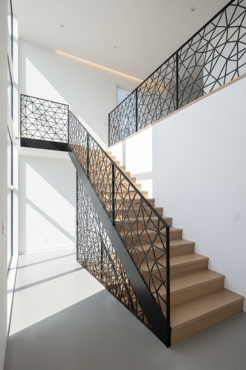 Modern staircase with custom metal railings in minimalist interior