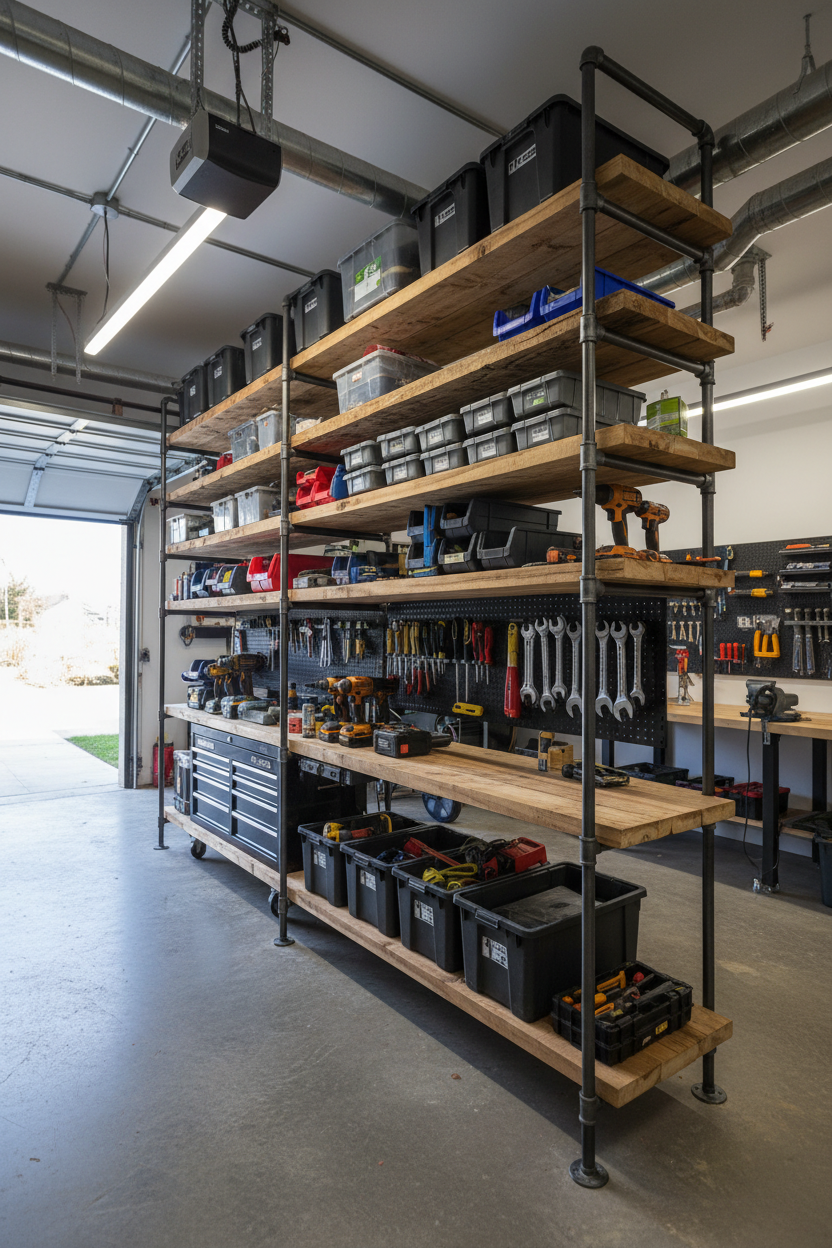 Industrial pipe shelving in modern garage workshop