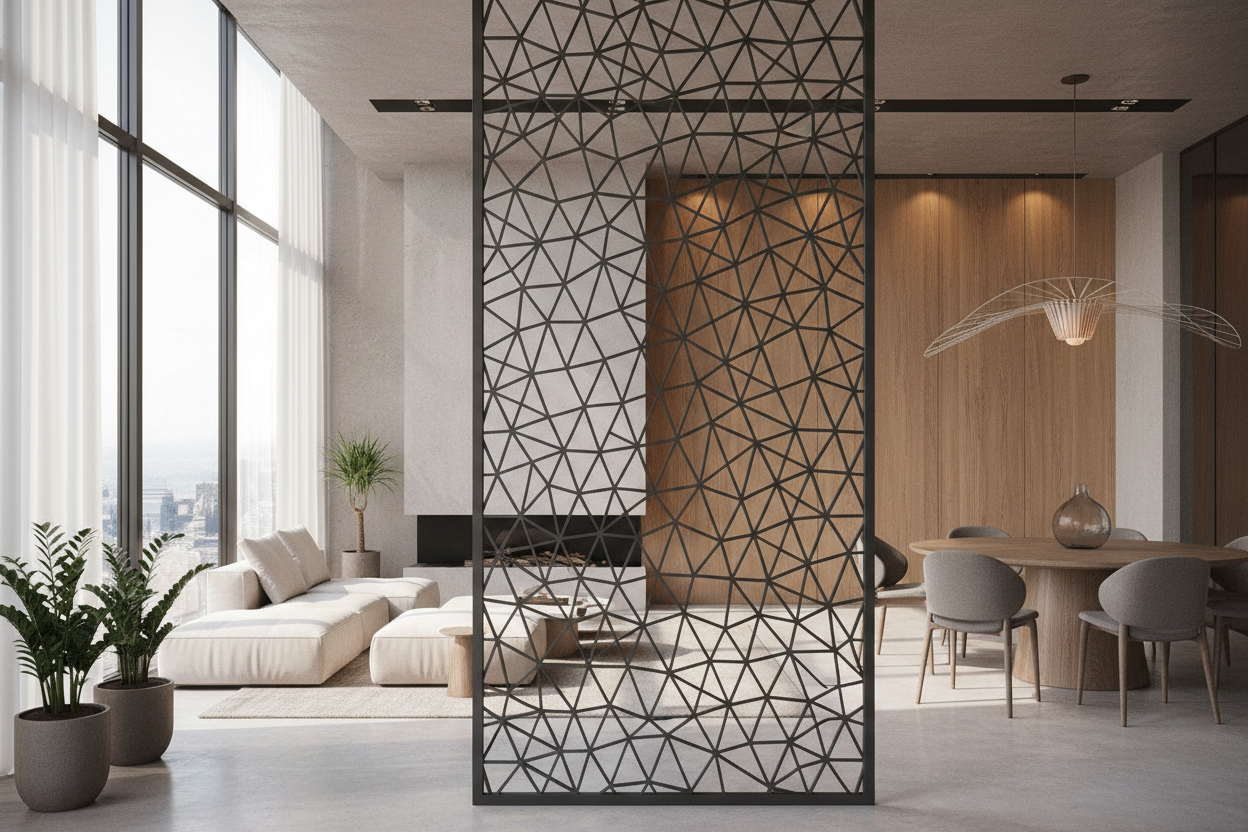 Metal screen panel dividing modern open space