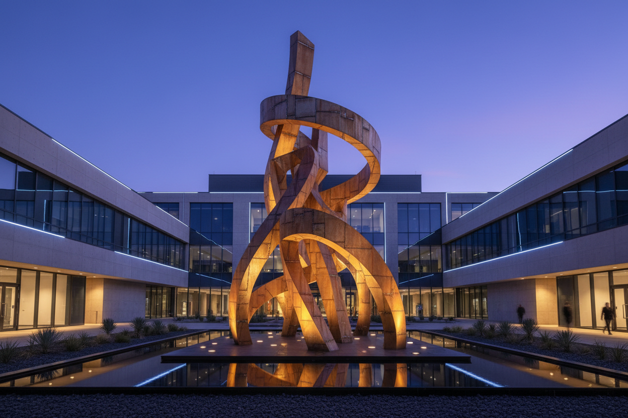 Outdoor installation with dramatic lighting