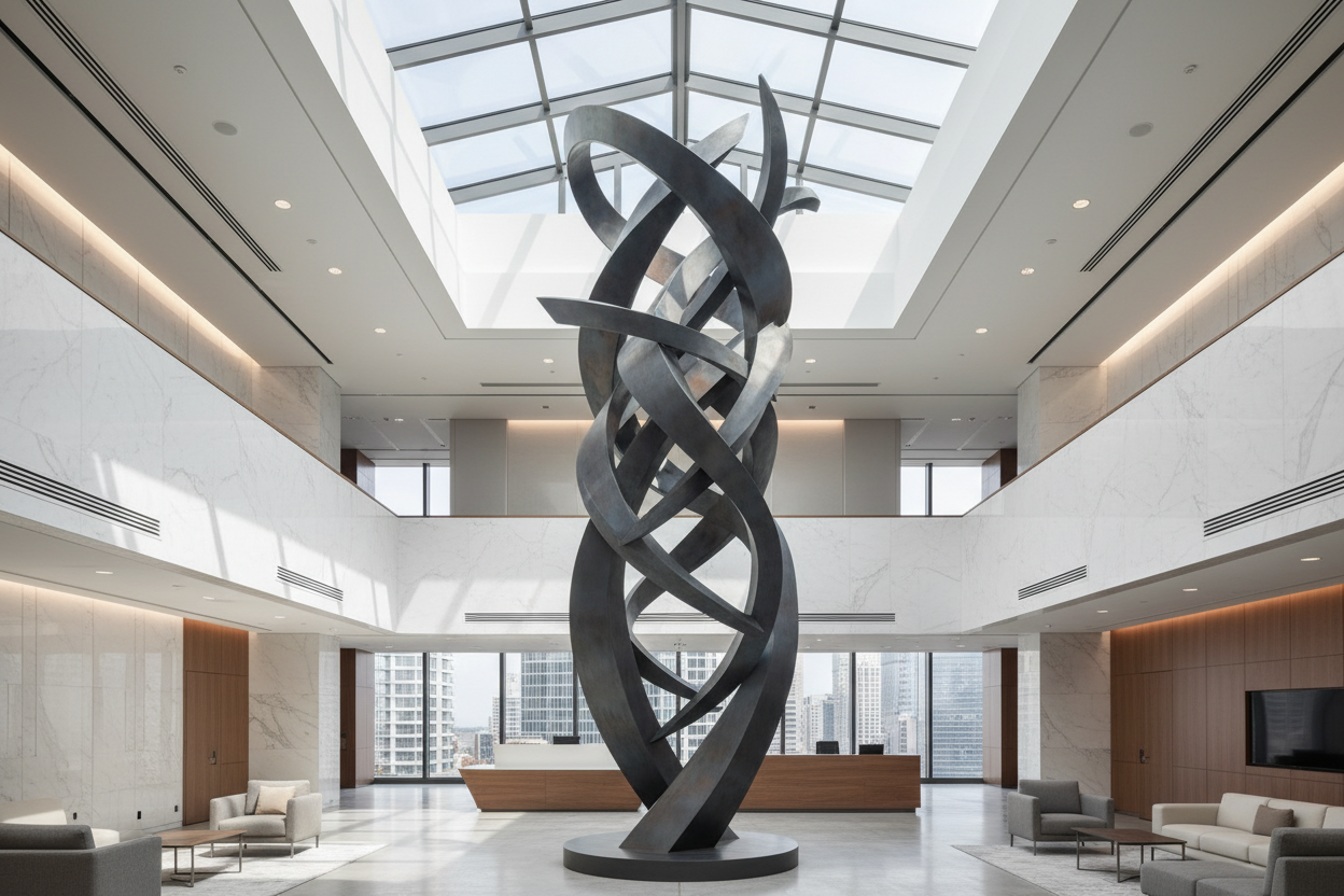 Large steel sculpture in modern corporate lobby
