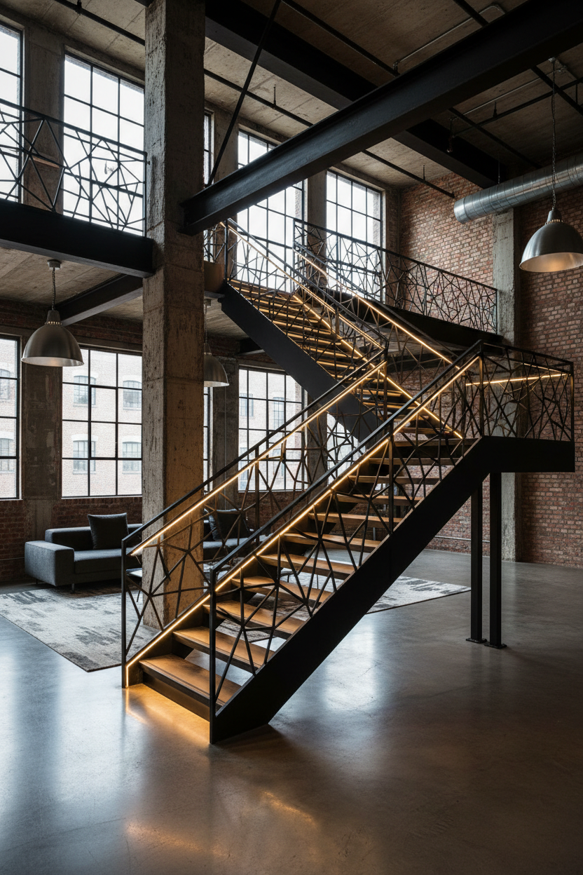 Contemporary loft staircase installation with lighting