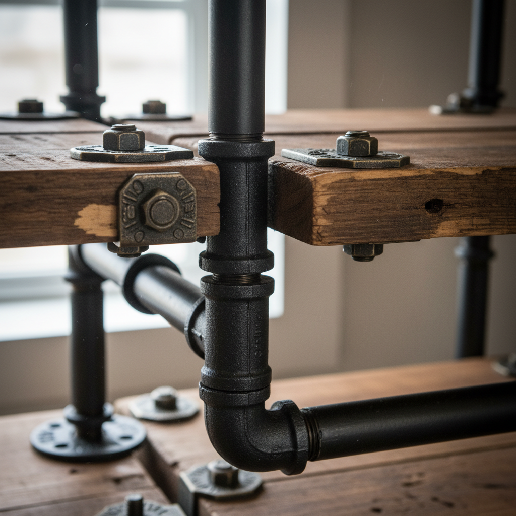 Close-up of pipe joints and wood shelf detail