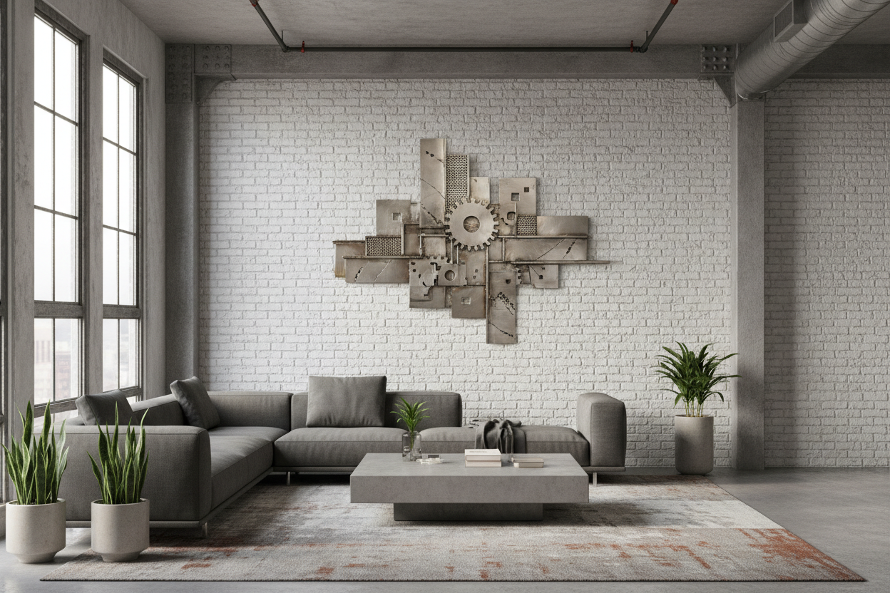 Industrial metal wall art installed in modern loft interior