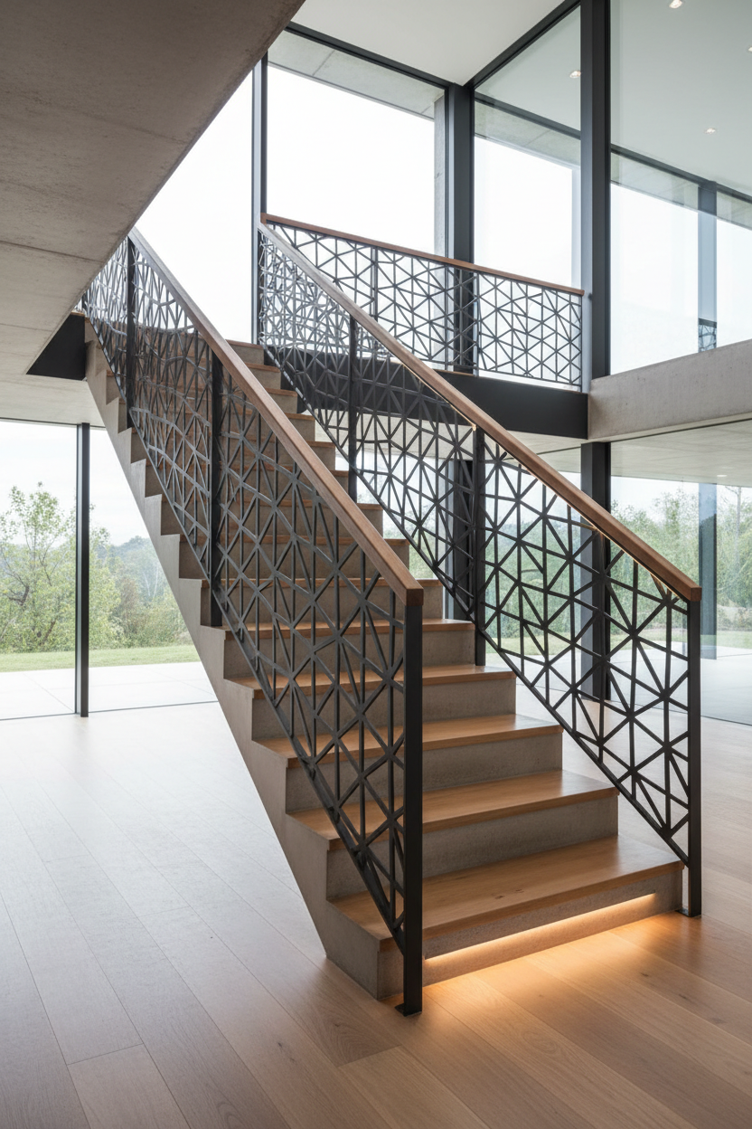 Stair railing installation with decorative grating