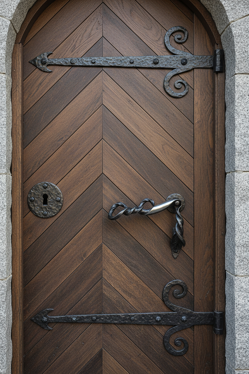 Custom metal door with hand-forged hardware