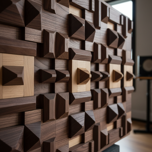 Close-up of wood grain and precision-cut diffusion pattern