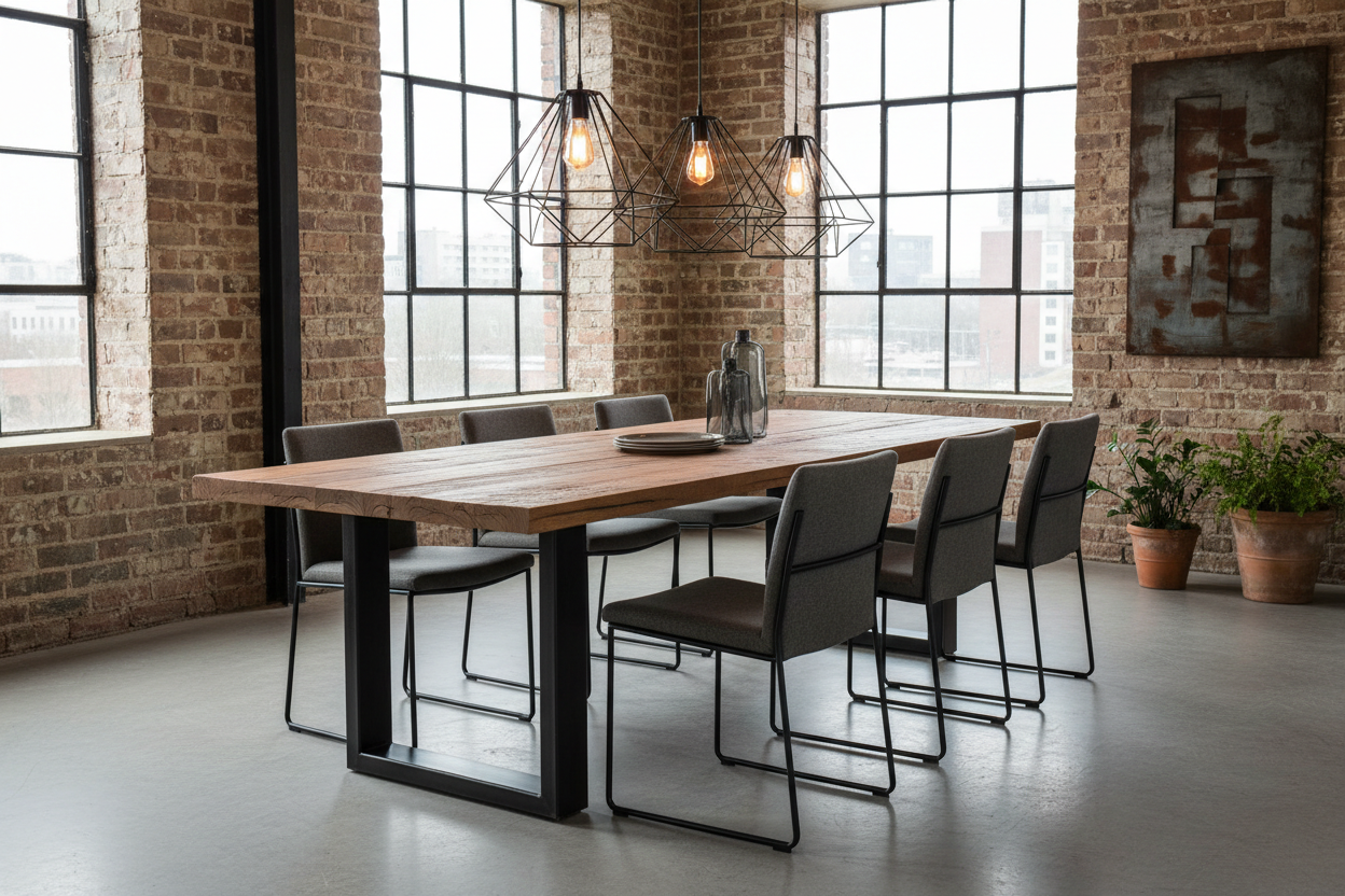 Reclaimed wood dining table in modern industrial dining room