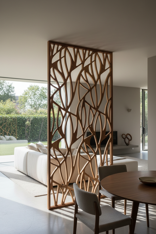 Wooden laser-cut screen with natural finish