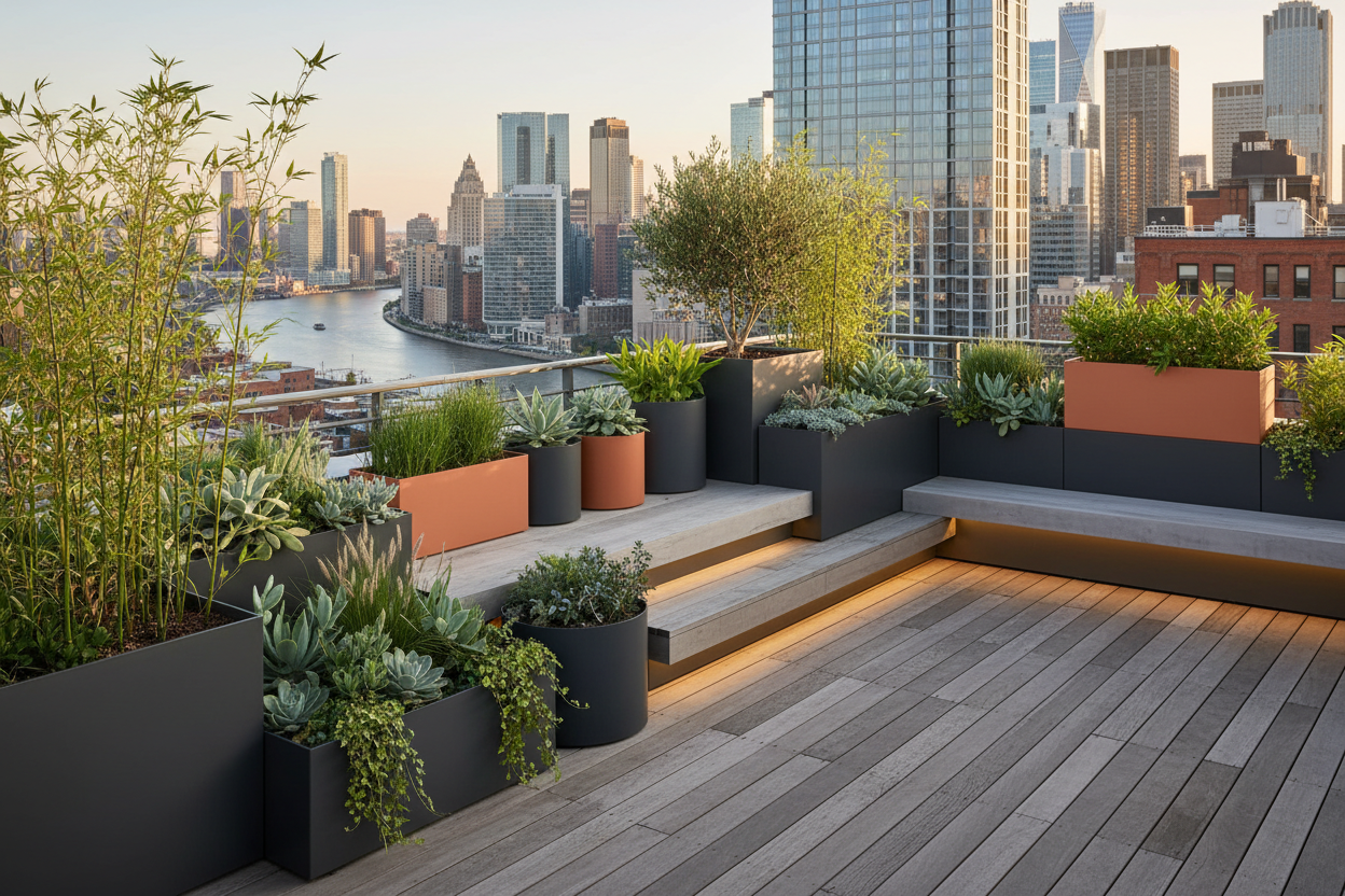 Urban rooftop garden with powder-coated steel planters