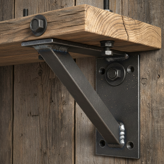 Close-up of welded bracket detail and wood connection